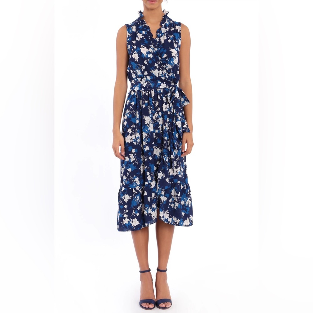 London Times Shadow Vine Ruffle Wrap Dress